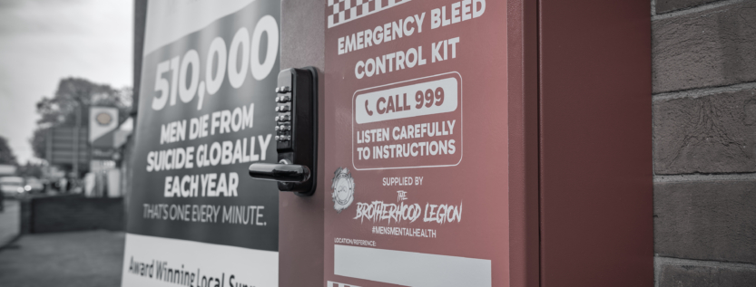 Close-up of the Brotherhood Legion Emergency Bleed Control Kit installed in Leicester.