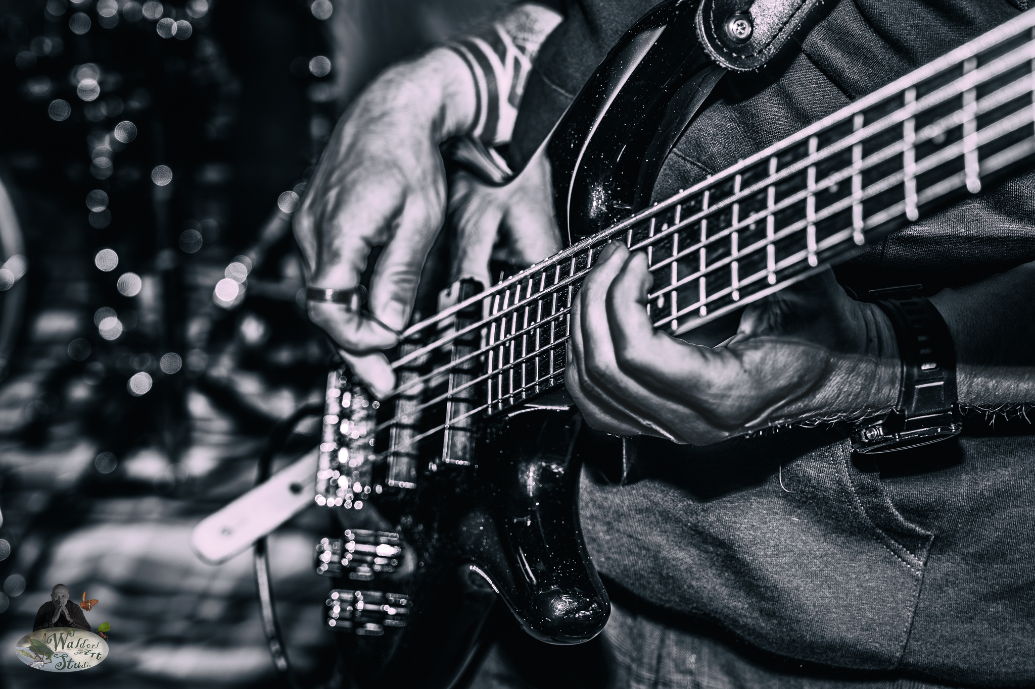 Close-up of bassist's hands playing a black bass guitar during a live performance in black and white.