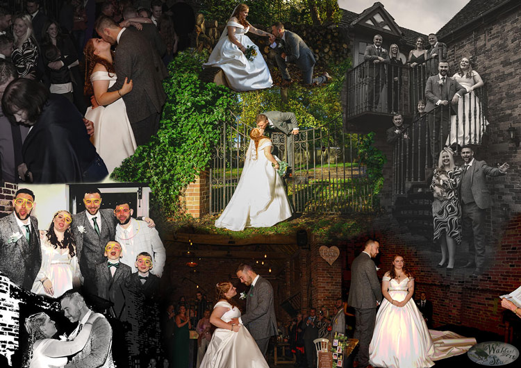 Wedding photo collage showing different moments from a celebration, including the bride and groom dancing, kissing, posing with friends and guests enjoying the party.